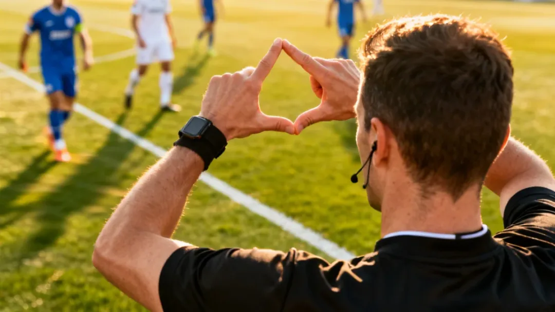 Referee signaling for a VAR review during a contentious moment in a European match.