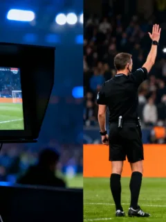 VAR monitor displaying a controversial football decision during a European league match in January 2026.