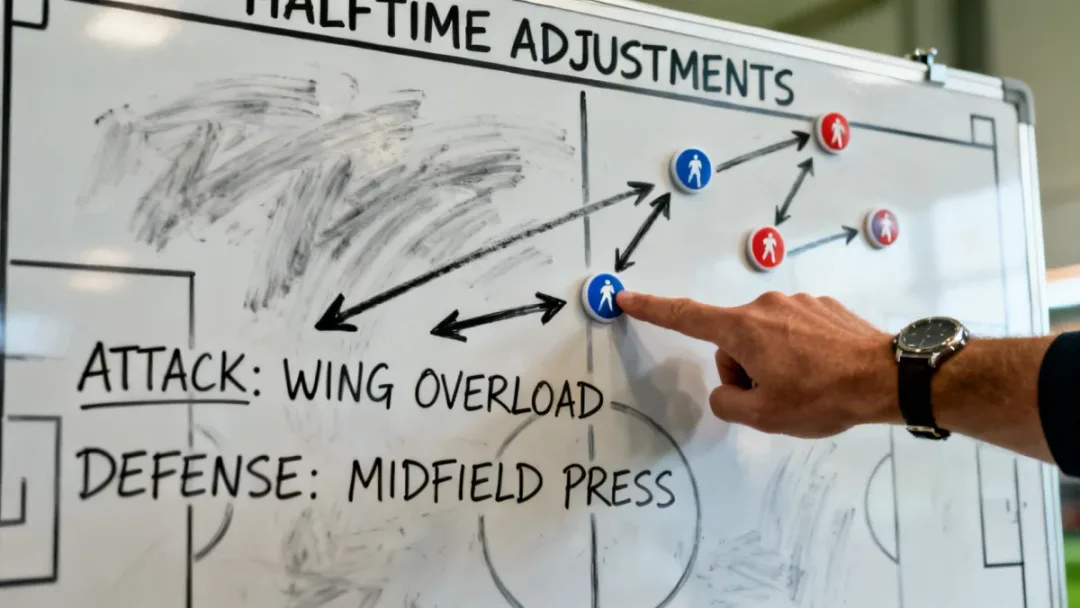 Football coach explaining tactical shift on whiteboard during halftime