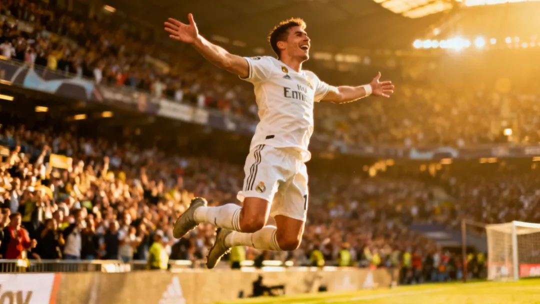 Football player celebrating a spectacular goal in a European stadium