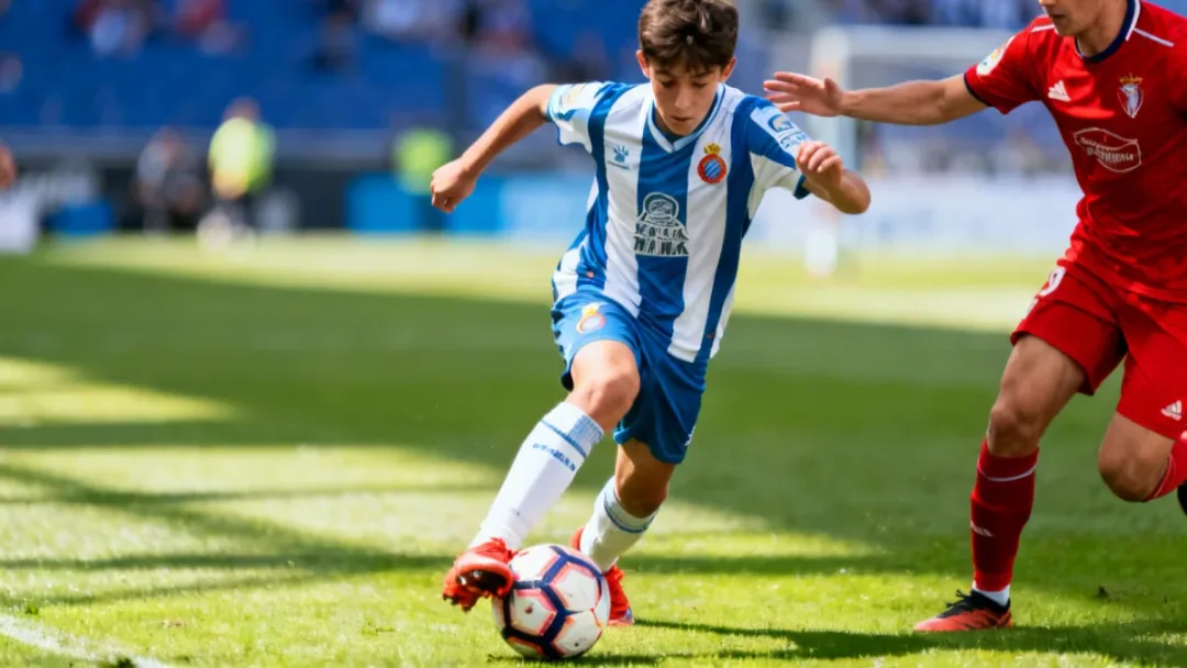 Young footballer dribbling past opponent in intense European league match.