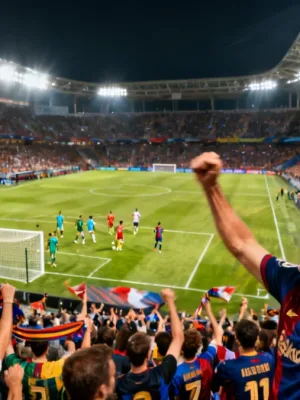 Dynamic shot of a football stadium with a celebrating player, capturing European league excitement.