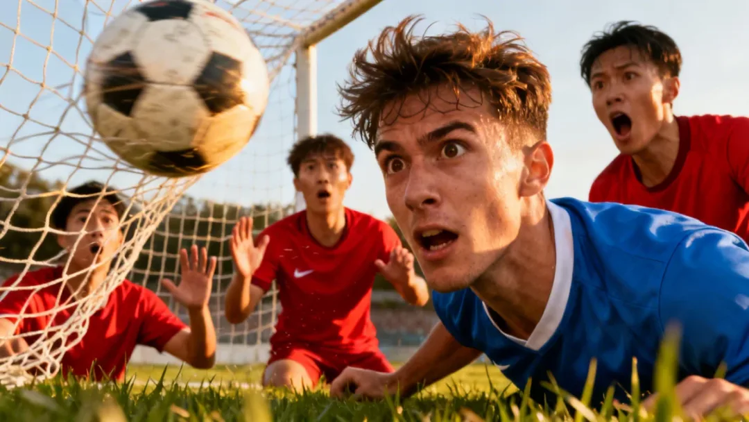 Underdog player scoring a decisive goal against a top-tier European football team.