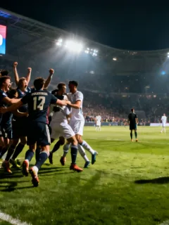 Dramatic scene of an underdog team celebrating a shocking victory in a floodlit European football stadium.