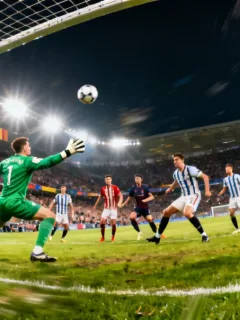 Dynamic defensive line in a crucial 2026 European football match, showcasing strategic positioning and teamwork.