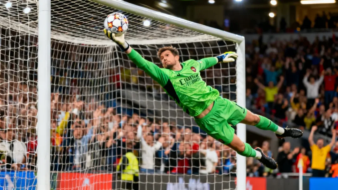 Goalkeeper making a spectacular diving save in a European football match.