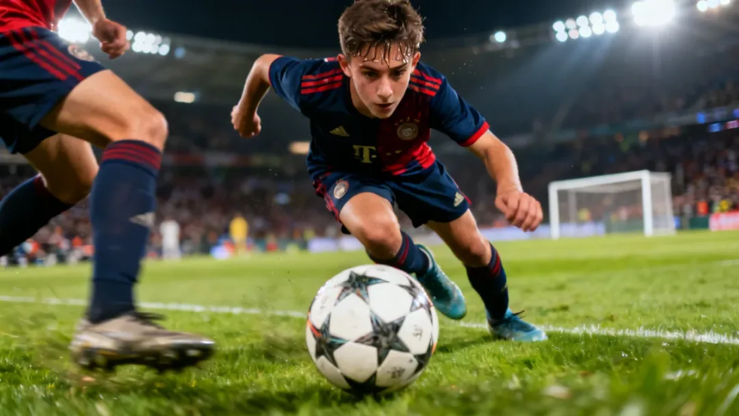 Young footballer dribbling past opponent in European debut