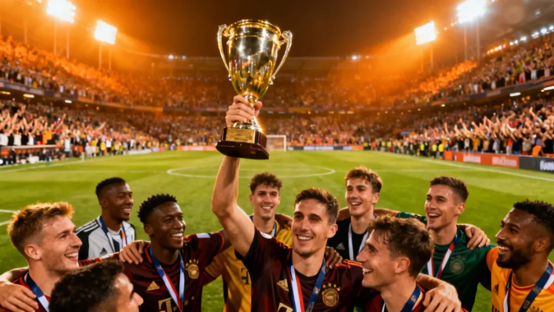 Vibrant stadium scene celebrating a dominant team victory in 2026 European football match.