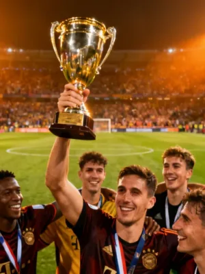 Vibrant stadium scene celebrating a dominant team victory in 2026 European football match.