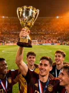 Vibrant stadium scene celebrating a dominant team victory in 2026 European football match.