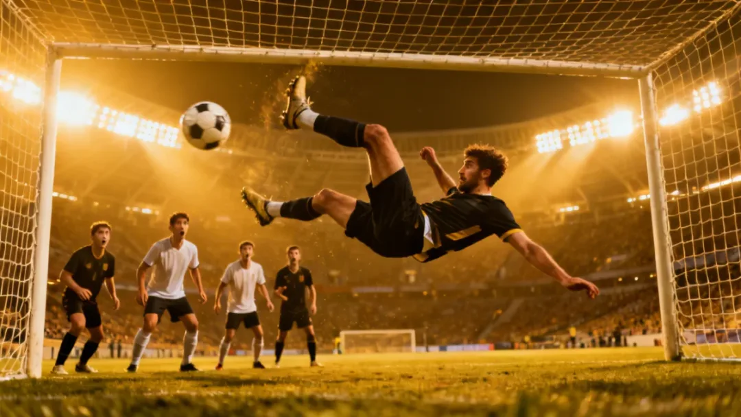 Football player performing a spectacular bicycle kick in a high-stakes European match.
