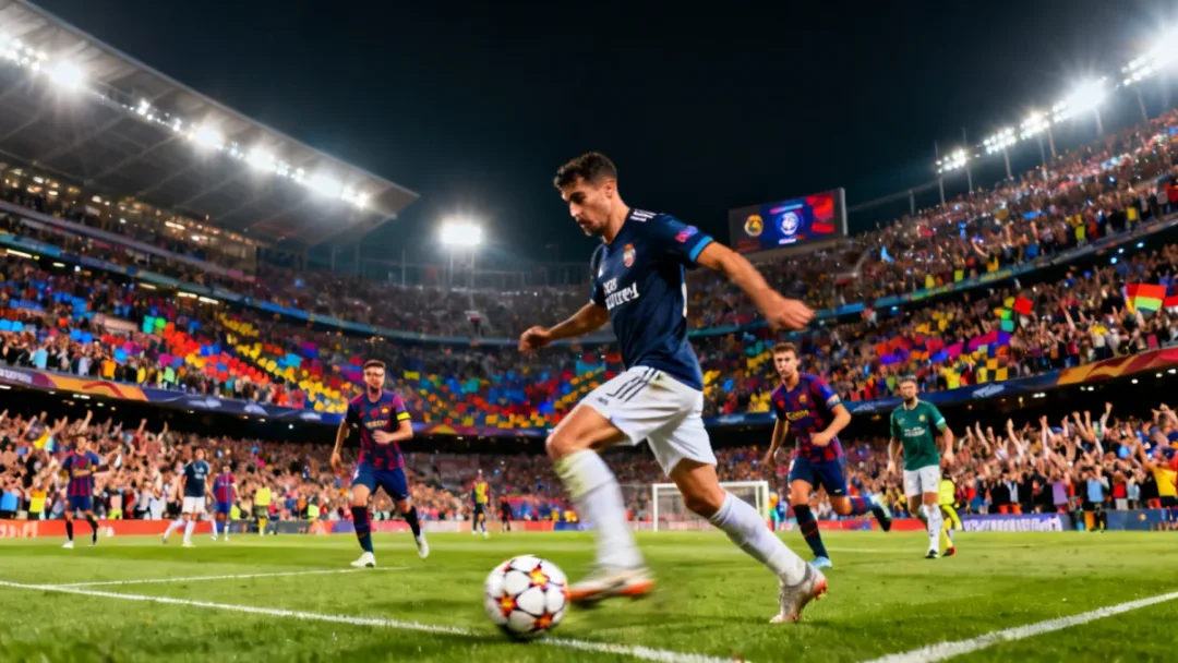 Dynamic shot of a football player demonstrating incredible dribbling skill during a night match in a European stadium.