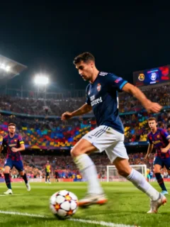 Dynamic shot of a football player demonstrating incredible dribbling skill during a night match in a European stadium.