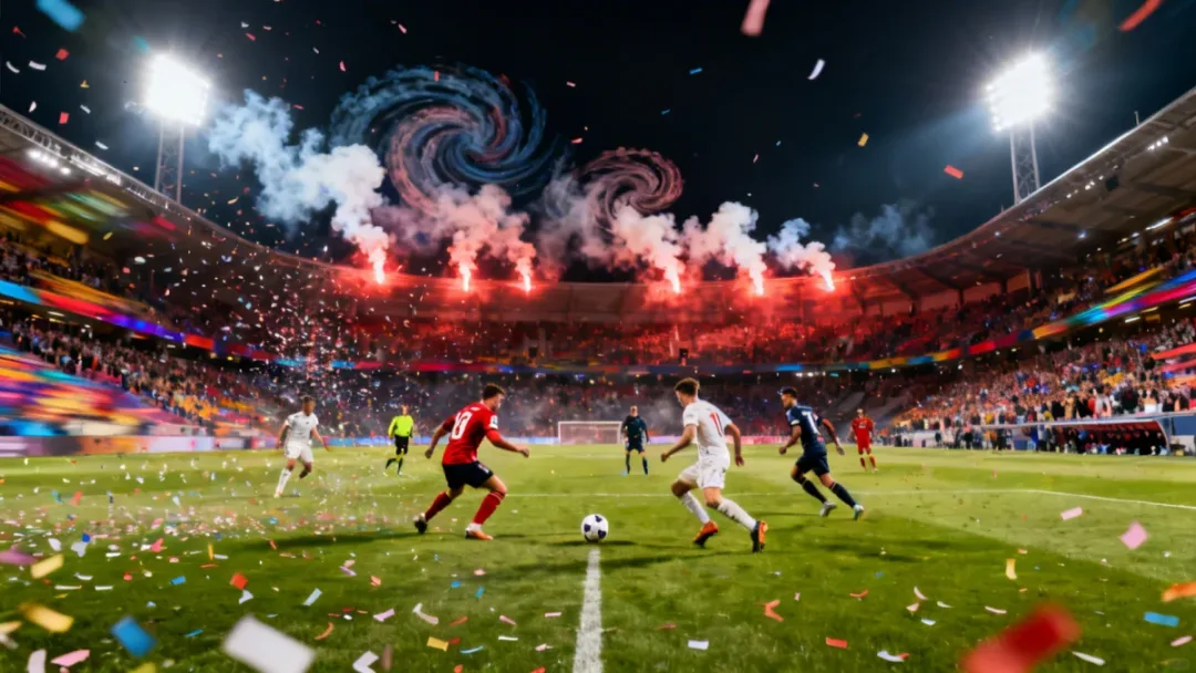 Electric atmosphere at a European derby match with teams battling under floodlights