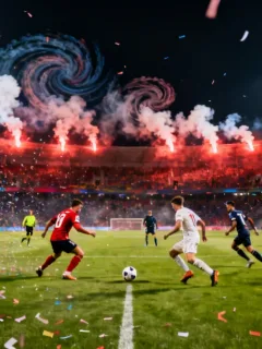 Electric atmosphere at a European derby match with teams battling under floodlights