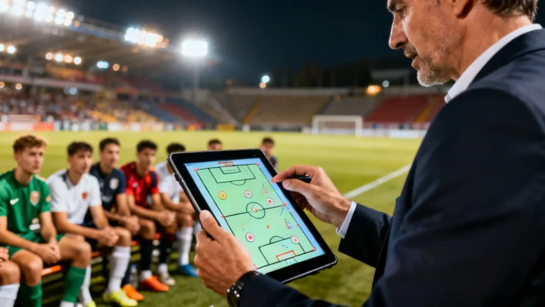 Football coach strategizing during a crucial European match, analyzing tactical options