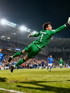 Goalkeeper making a diving save during an intense European match in early 2026