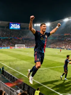 Star forward celebrates a goal in a packed European stadium during a 2026 match.