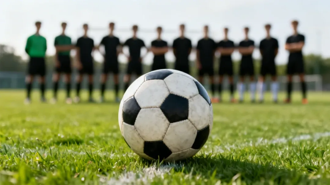 Football placed for a free-kick, defensive wall blurred in background, anticipating the strike.
