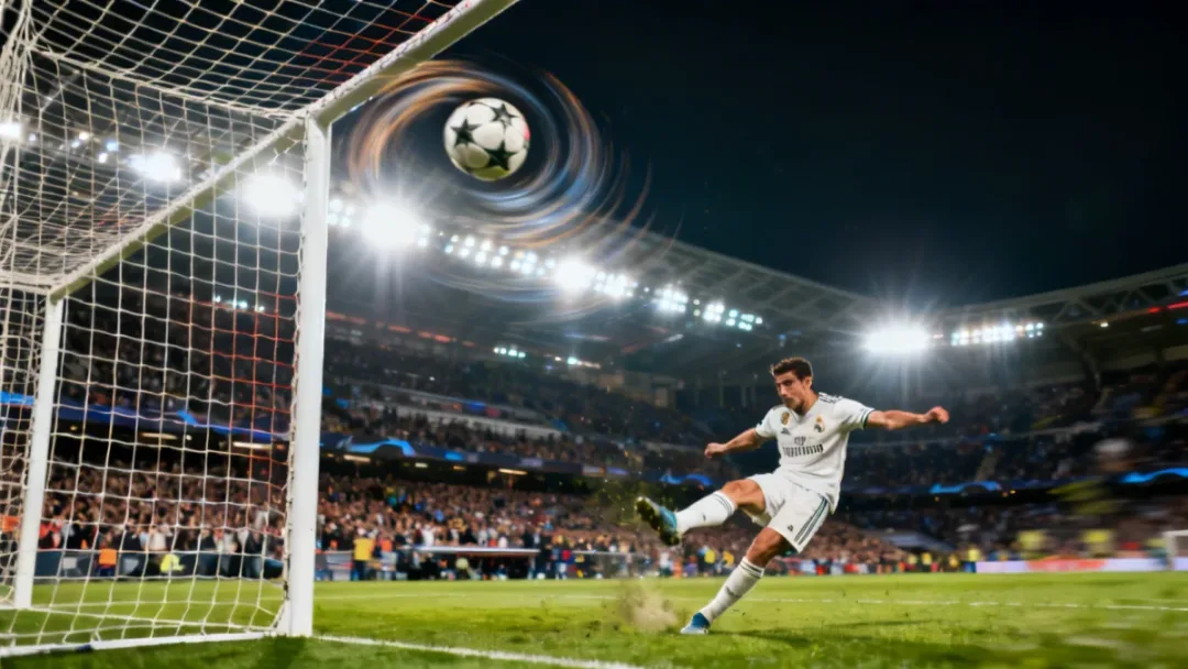 Dynamic shot of a football player taking a free-kick in a European league match, ball soaring towards goal.