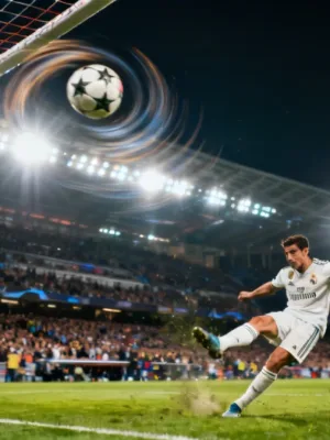 Dynamic shot of a football player taking a free-kick in a European league match, ball soaring towards goal.