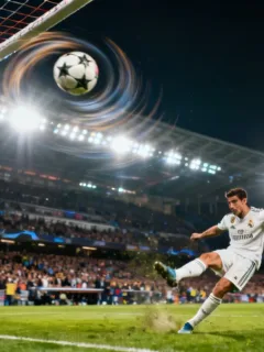 Dynamic shot of a football player taking a free-kick in a European league match, ball soaring towards goal.