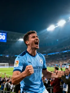 Football player celebrating a dramatic last-minute goal in a packed European stadium.