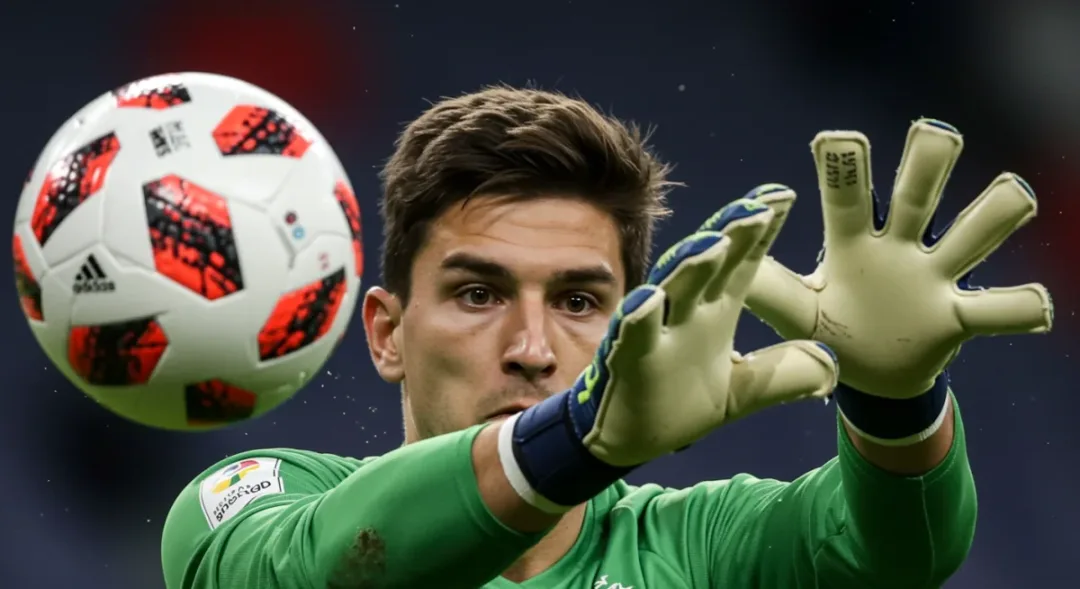 Goalkeeper deflecting a powerful shot with gloved hands