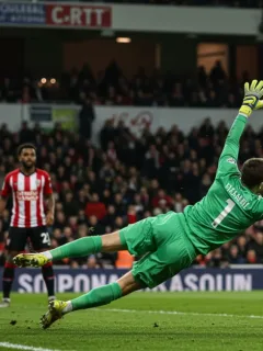 Goalkeeper making a spectacular diving save during a European league match