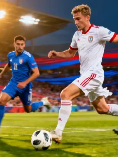 Dynamic attacking midfielder dribbling in a European football match