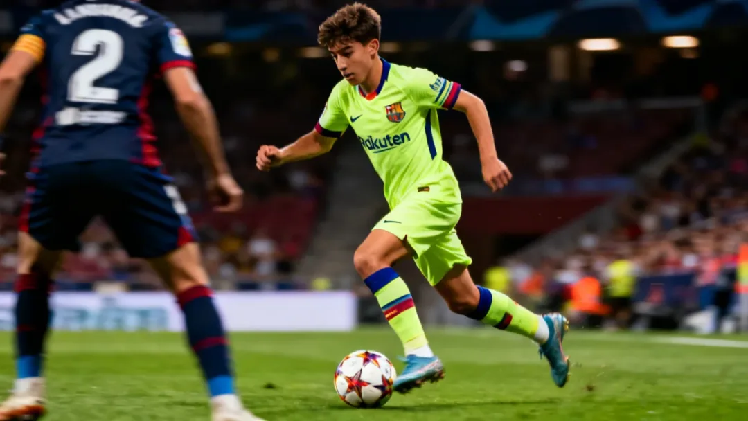 Dynamic shot of a young La Liga midfielder showcasing exceptional dribbling skills.