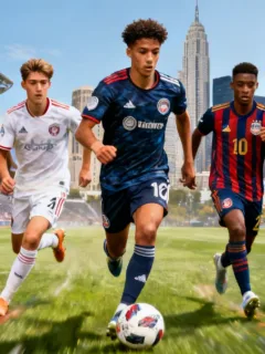 Five promising European U21 football talents from various leagues, ready for a potential MLS transfer by 2026, depicted in dynamic action shots.