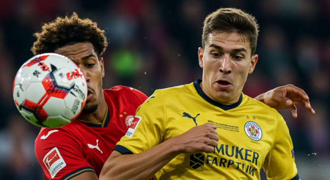 Intense football player focus during a critical European derby moment.