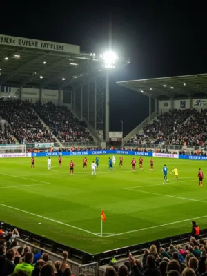Electrifying atmosphere at a European derby match with fans cheering a dramatic late goal.