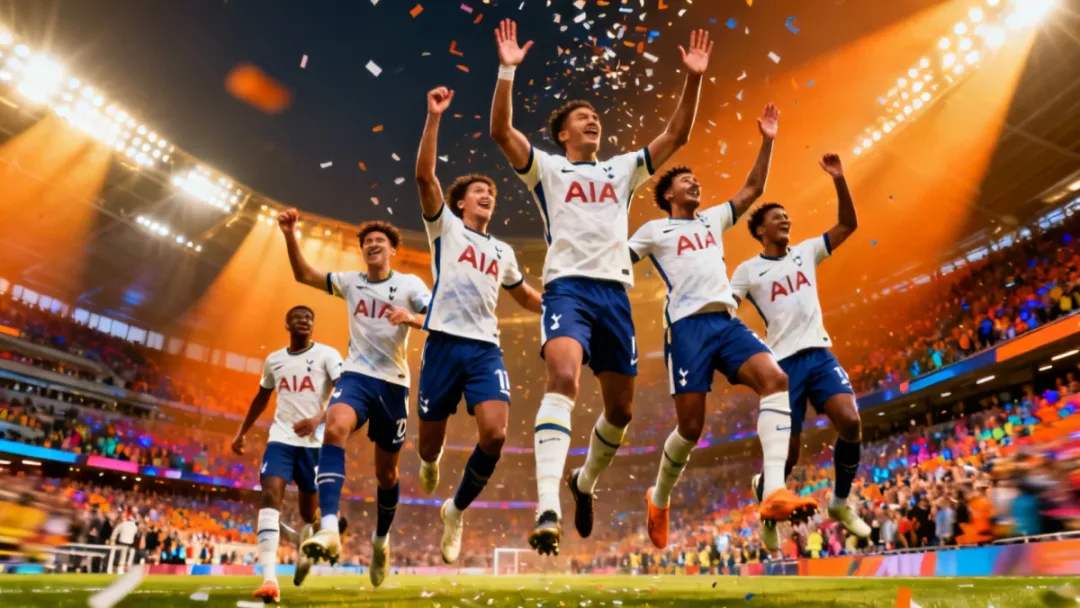 Young American soccer stars celebrating a goal in a Premier League stadium, embodying future success.