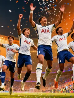Young American soccer stars celebrating a goal in a Premier League stadium, embodying future success.
