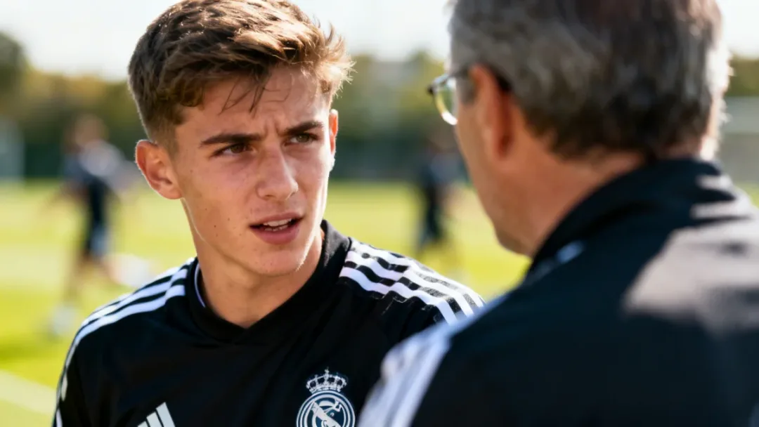 Young European captain discussing tactics with his coach during a training session, highlighting strategic leadership.
