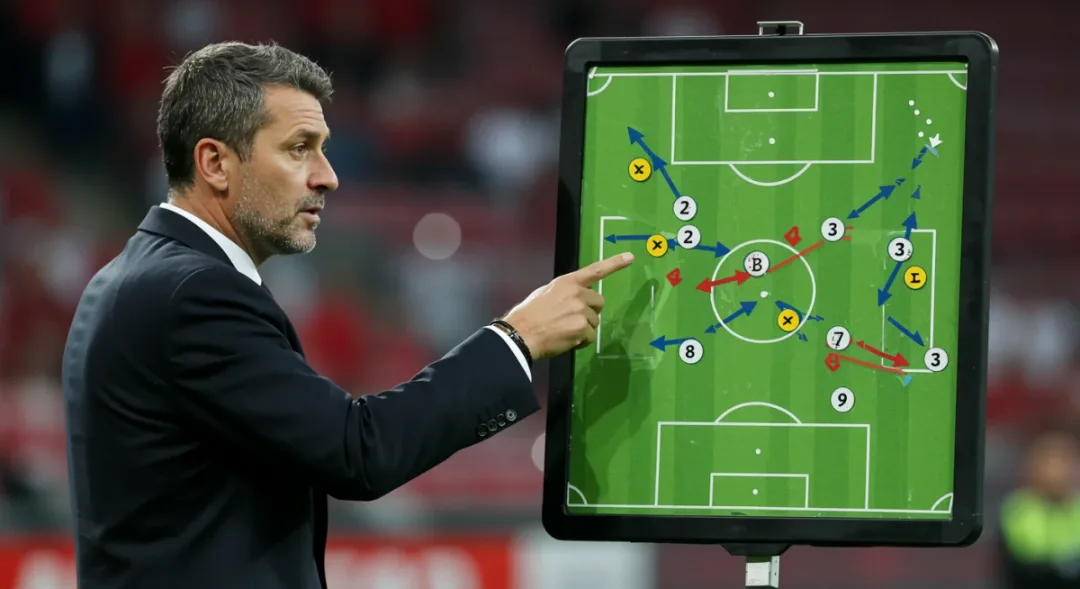 Football coach analyzing tactical board, planning a strategic substitution during a European match.