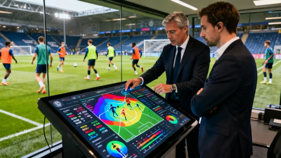 Football coach and analyst reviewing performance data on a screen