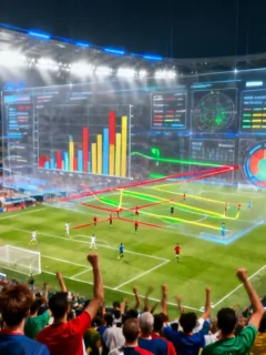 European football stadium with data visualizations overlay