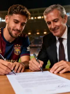 Football player signing a loan-to-buy contract with a club executive for the 2026 season.