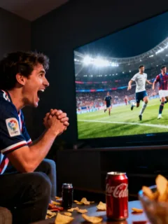 Dedicated U.S. fan watching European football at dawn