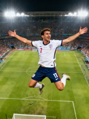 Football player celebrating goal in international match, boosting market value