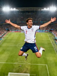 Football player celebrating goal in international match, boosting market value