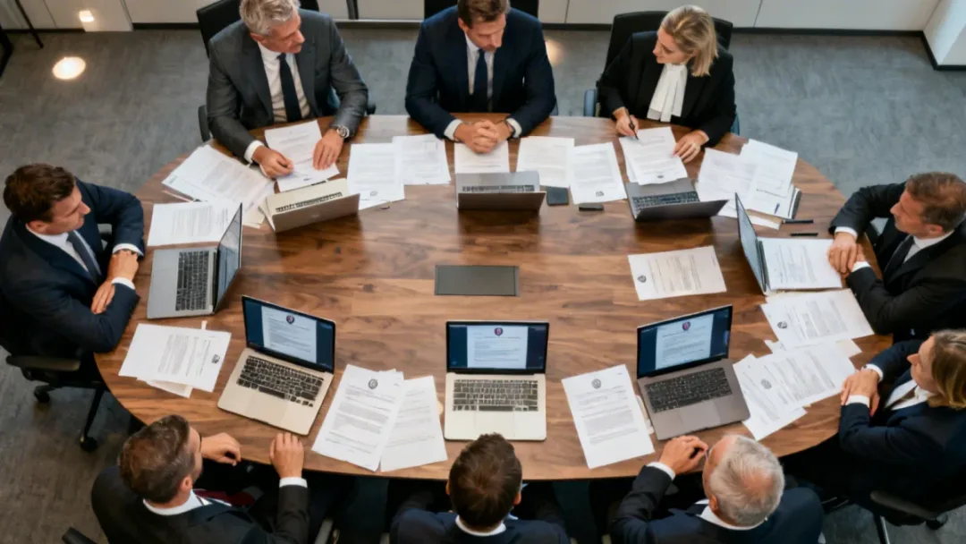 Football club executives negotiating complex transfer terms in a strategic meeting.
