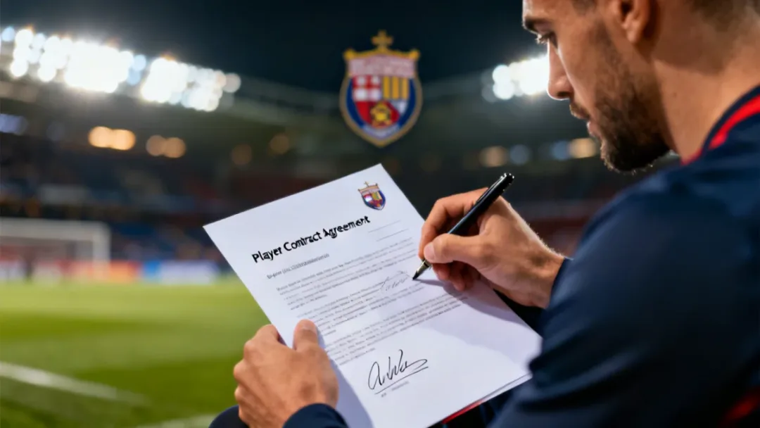 Football player signing contract with agent, symbolizing complex transfer clauses.