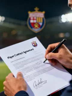 Football player signing contract with agent, symbolizing complex transfer clauses.