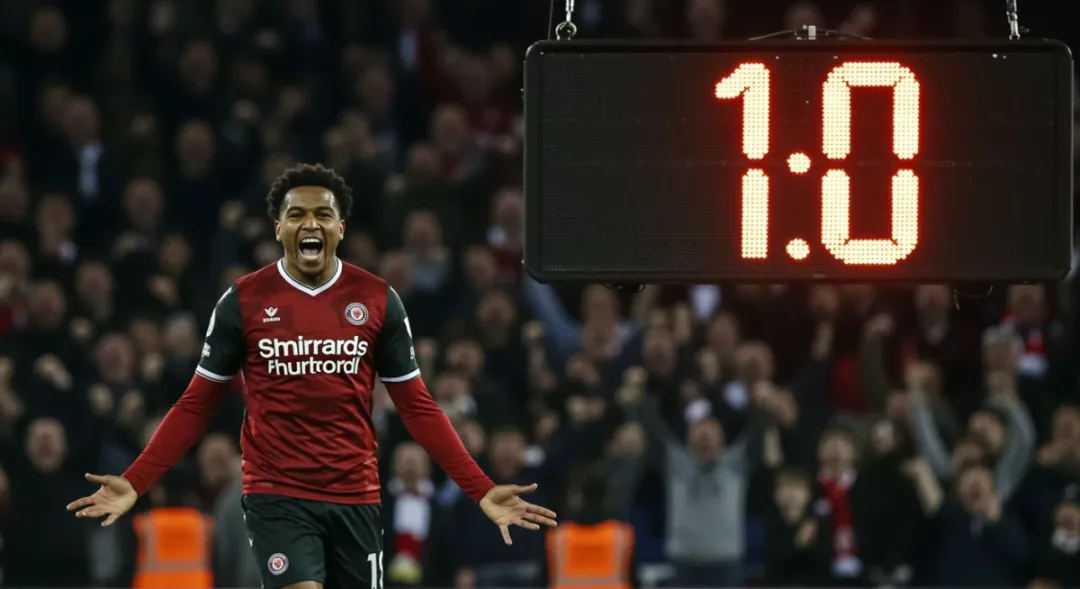 Scoreboard showing an early goal time with a celebrating footballer.