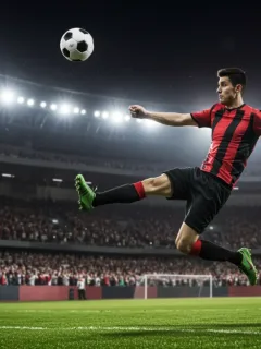 Dynamic shot of a soccer player scoring a lightning-fast goal in a European league match, 2026 season.