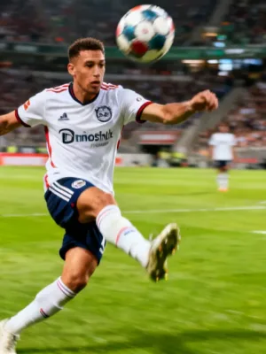 American player scoring a goal in Bundesliga match